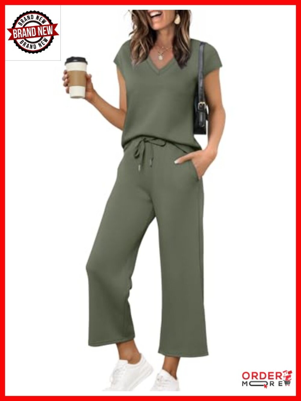 Saloogoe Two Piece Set V Neck Cap Sleeve Wide Leg Pants Womens
